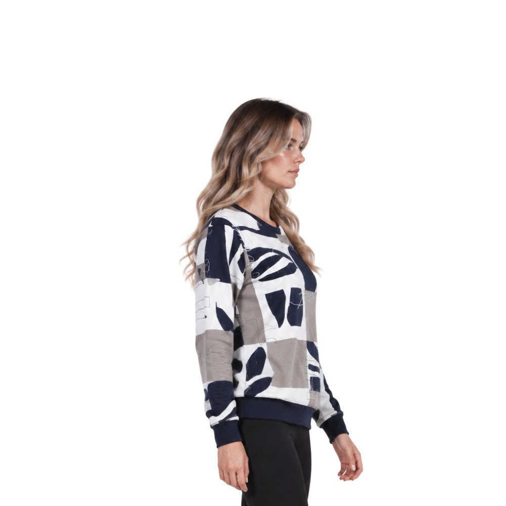 Sweatshirt mit abstraktem Colorblock-Muster in Marine/Weiß/Grau, Seitenansicht (Platzhalter-Produktfoto)